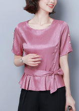 Load image into Gallery viewer, Beautiful Pink O-Neck Cinched Silk Shirt Summer