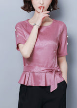 Load image into Gallery viewer, Beautiful Pink O-Neck Cinched Silk Shirt Summer