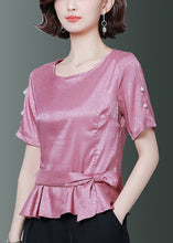 Load image into Gallery viewer, Beautiful Pink O-Neck Cinched Silk Shirt Summer