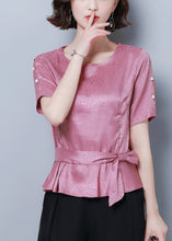 Load image into Gallery viewer, Beautiful Pink O-Neck Cinched Silk Shirt Summer