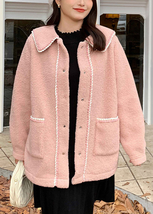 Beautiful Pink Peter Pan Collar Pockets Patchwork Teddy Faux Fur Coats Fall