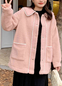 Beautiful Pink Peter Pan Collar Pockets Patchwork Teddy Faux Fur Coats Fall