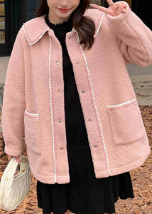 Beautiful Pink Peter Pan Collar Pockets Patchwork Teddy Faux Fur Coats Fall