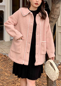 Beautiful Pink Peter Pan Collar Pockets Patchwork Teddy Faux Fur Coats Fall