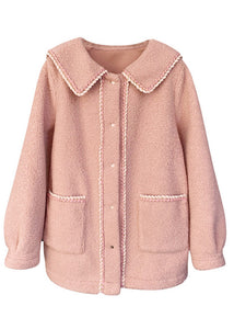 Beautiful Pink Peter Pan Collar Pockets Patchwork Teddy Faux Fur Coats Fall