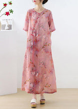 Load image into Gallery viewer, Beautiful Pink Print Oriental asymmetrical Design Summer Ramie Long Dresses