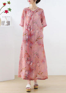 Beautiful Pink Print Oriental asymmetrical Design Summer Ramie Long Dresses