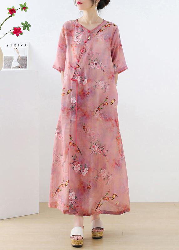 Beautiful Pink Print Oriental asymmetrical Design Summer Ramie Long Dresses