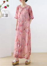 Load image into Gallery viewer, Beautiful Pink Print Oriental asymmetrical Design Summer Ramie Long Dresses