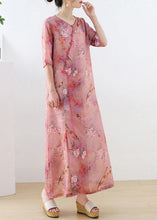 Load image into Gallery viewer, Beautiful Pink Print Oriental asymmetrical Design Summer Ramie Long Dresses