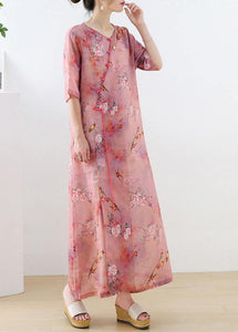 Beautiful Pink Print Oriental asymmetrical Design Summer Ramie Long Dresses