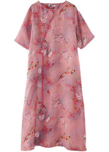 Beautiful Pink Print Oriental asymmetrical Design Summer Ramie Long Dresses