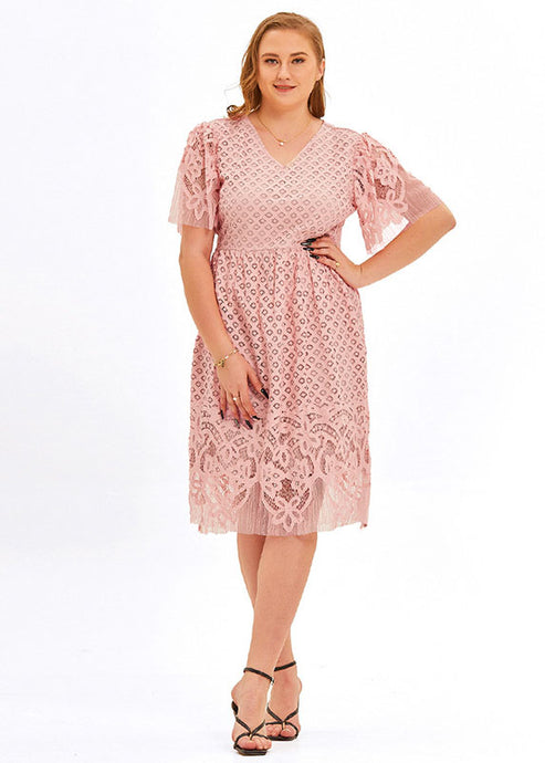 Beautiful Pink V Neck Hollow Out Patchwork Lace Mid Dress Short Sleeve