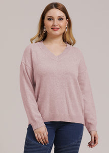 Beautiful Pink V Neck thick Knit Sweater Long Sleeve