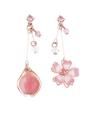 Load image into Gallery viewer, Beautiful Pink Water Drops And Cherry Blossoms Crystal Asymmetrical Design Drop Earrings