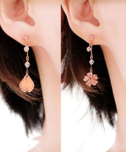 Load image into Gallery viewer, Beautiful Pink Water Drops And Cherry Blossoms Crystal Asymmetrical Design Drop Earrings