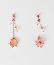 Load image into Gallery viewer, Beautiful Pink Water Drops And Cherry Blossoms Crystal Asymmetrical Design Drop Earrings