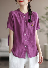 Load image into Gallery viewer, Beautiful Purple Embroideried Patchwork Linen Blouse Top Summer