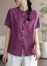 Load image into Gallery viewer, Beautiful Purple Embroideried Patchwork Linen Blouse Top Summer