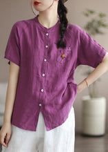 Load image into Gallery viewer, Beautiful Purple Embroideried Patchwork Linen Blouse Top Summer