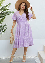 Load image into Gallery viewer, Beautiful Purple V Neck Print Elastic Waist Silk Long Dress Short Sleeve