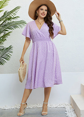 Beautiful Purple V Neck Print Elastic Waist Silk Long Dress Short Sleeve