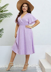 Beautiful Purple V Neck Print Elastic Waist Silk Long Dress Short Sleeve