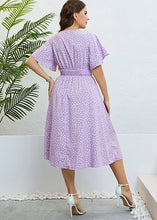 Load image into Gallery viewer, Beautiful Purple V Neck Print Elastic Waist Silk Long Dress Short Sleeve