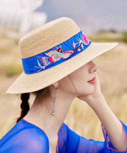 Beautiful Rose Embroideried Straw Woven Beach Floppy Sun Hat