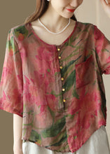 Load image into Gallery viewer, Beautiful Rose O Neck Print Button Patchwork Linen Blouses Tops Summer