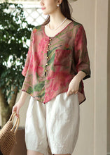 Load image into Gallery viewer, Beautiful Rose O Neck Print Button Patchwork Linen Blouses Tops Summer