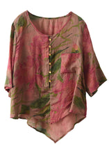 Load image into Gallery viewer, Beautiful Rose O Neck Print Button Patchwork Linen Blouses Tops Summer