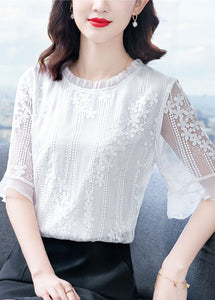 Beautiful White Ruffled Embroideried Patchwork Chiffon Blouse Tops Summer