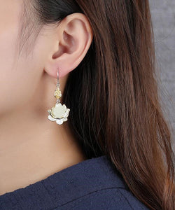 Beautiful White Sterling Silver Jade Lotus Drop Earrings