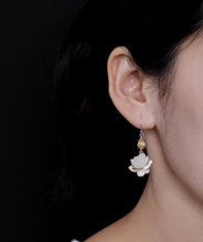 Load image into Gallery viewer, Beautiful White Sterling Silver Jade Lotus Drop Earrings