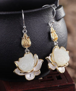 Beautiful White Sterling Silver Jade Lotus Drop Earrings