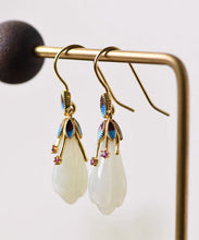 Load image into Gallery viewer, Beautiful White Sterling Silver Overgild Inlaid Jade Cloisonne Orchid Drop Earrings