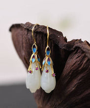 Load image into Gallery viewer, Beautiful White Sterling Silver Overgild Inlaid Jade Cloisonne Orchid Drop Earrings