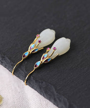 Load image into Gallery viewer, Beautiful White Sterling Silver Overgild Inlaid Jade Cloisonne Orchid Drop Earrings