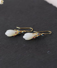 Load image into Gallery viewer, Beautiful White Sterling Silver Overgild Inlaid Jade Cloisonne Orchid Drop Earrings