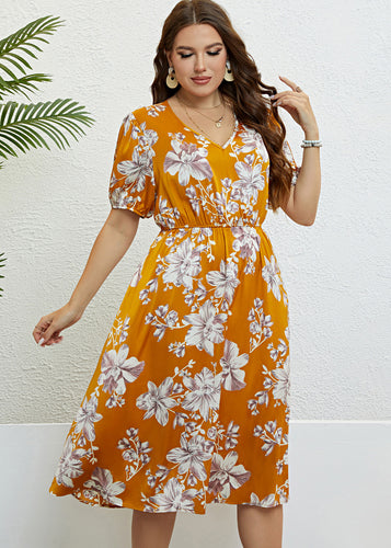 Beautiful Yellow Print Wrinkled Silk Long Dresses Summer