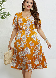 Beautiful Yellow Print Wrinkled Silk Long Dresses Summer