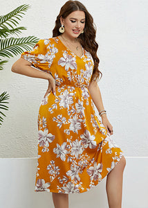 Beautiful Yellow Print Wrinkled Silk Long Dresses Summer