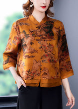 Load image into Gallery viewer, Beautiful Yellow Stand Collar Print Silk Blouse Tops Bracelet Sleeve