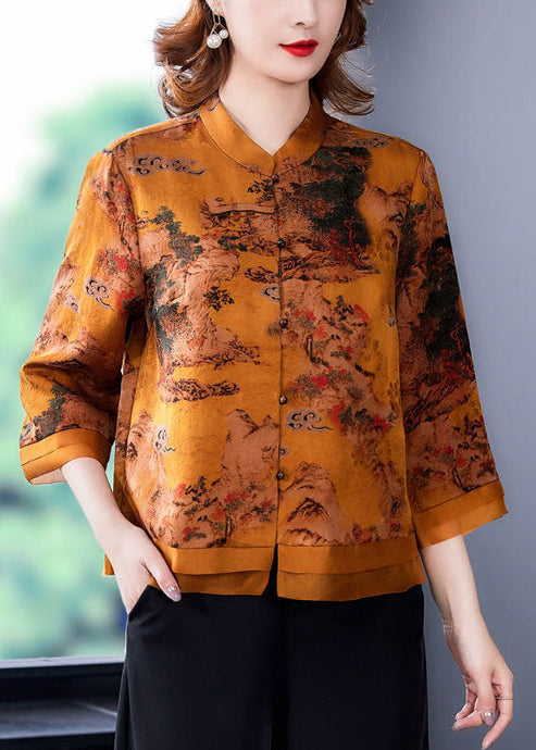 Beautiful Yellow Stand Collar Print Silk Blouse Tops Bracelet Sleeve