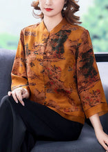 Load image into Gallery viewer, Beautiful Yellow Stand Collar Print Silk Blouse Tops Bracelet Sleeve