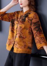 Load image into Gallery viewer, Beautiful Yellow Stand Collar Print Silk Blouse Tops Bracelet Sleeve