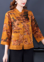 Load image into Gallery viewer, Beautiful Yellow Stand Collar Print Silk Blouse Tops Bracelet Sleeve