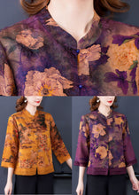 Load image into Gallery viewer, Beautiful Yellow Stand Collar Print Silk Blouse Tops Bracelet Sleeve