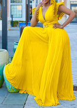 Load image into Gallery viewer, Beautiful Yellow V Neck Tulle Patchwork Wrinkled Sashes Jumpsuit Summer